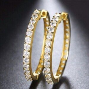 16k Yellow Gold Plated CZ Pave Stone Hoop Earrings 1.5” Inch Long Hoops